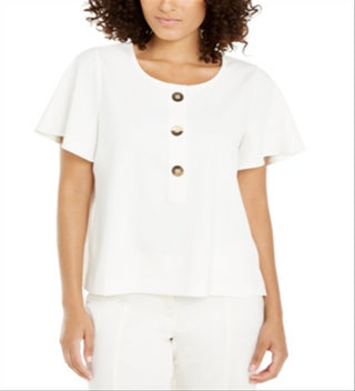 Alfani Women's Button Neck Flutter Sleeve Top White Size Large