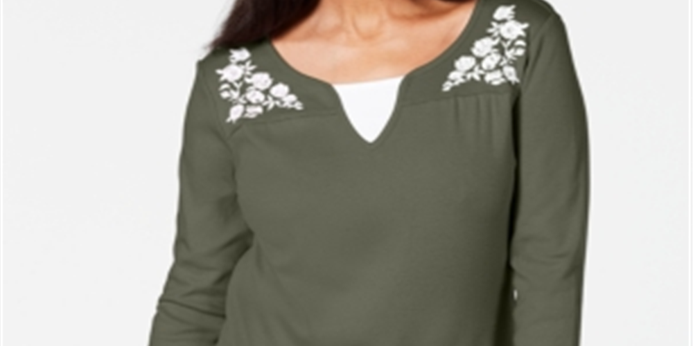 Karen Scott Women's Embroidered Cotton Layered Look Top Green Size Large