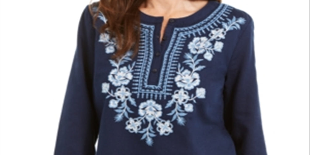 Charter Club Women's Metallic-Embroidery Linen Blend Tunic Blue Size Medium