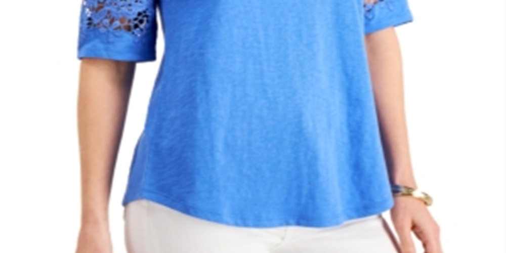 Charter Club Women's Cotton Lace TrimTop Blue Size Large