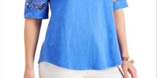 Charter Club Women's Cotton Lace TrimTop Blue Size Large
