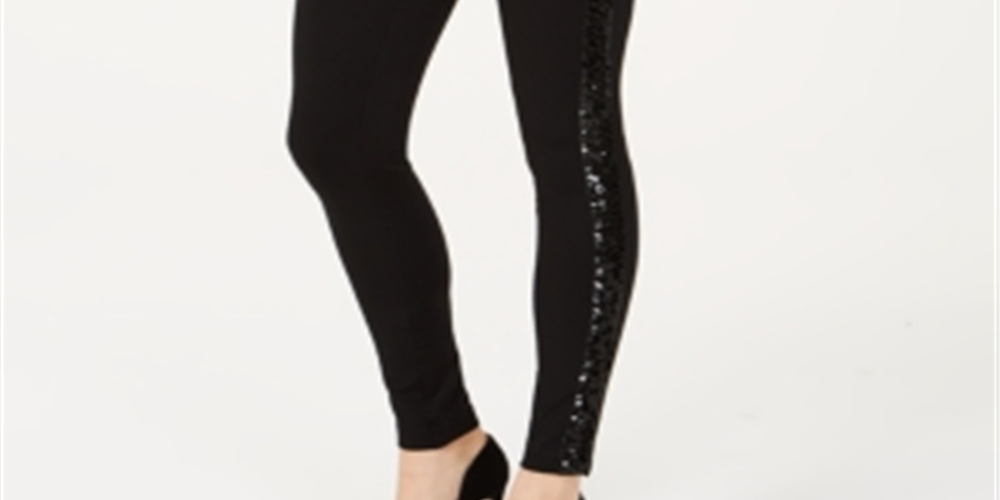 INC International Concepts Women's Sequin Trim Pull on Ponte Pants Black Size 8 Petite