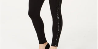 INC International Concepts Women's Sequin Trim Pull on Ponte Pants Black Size 8 Petite