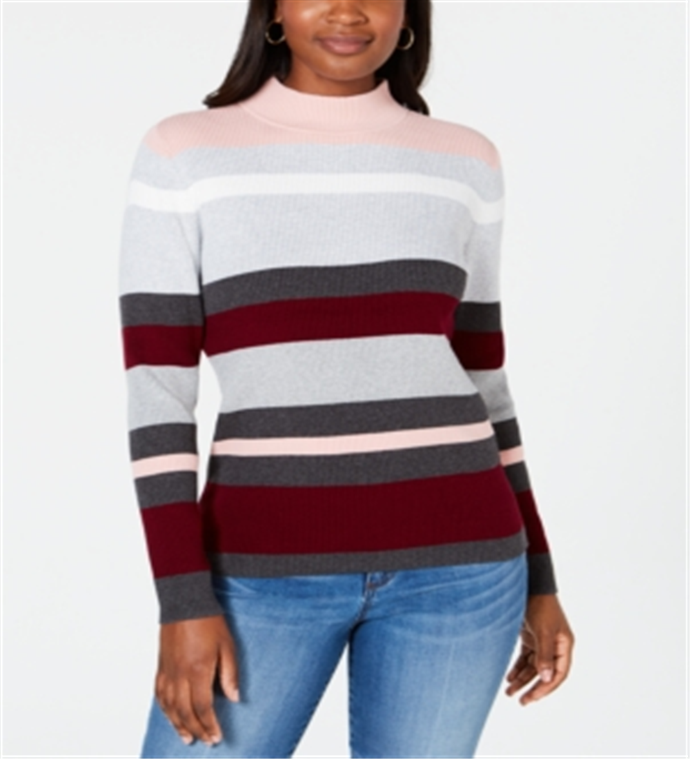 Karen Scott Women's Striped Mock Neck Cotton Sweater Red Size Medium