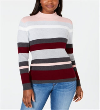Karen Scott Women's Striped Mock Neck Cotton Sweater Red Size Medium