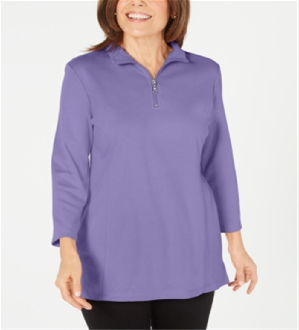 Karen Scott Women's Cotton Half Zip Mock Neck Top Purple Size Medium