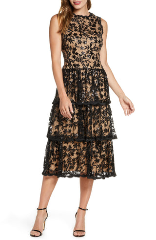 Taylor Women's Sequin Floral Lace Embroidered Dress Black Size 8