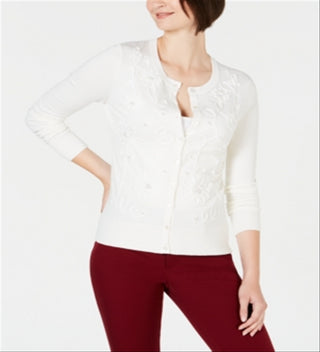 Charter Club Women's Floral Applique Cardigan White Size X-Small