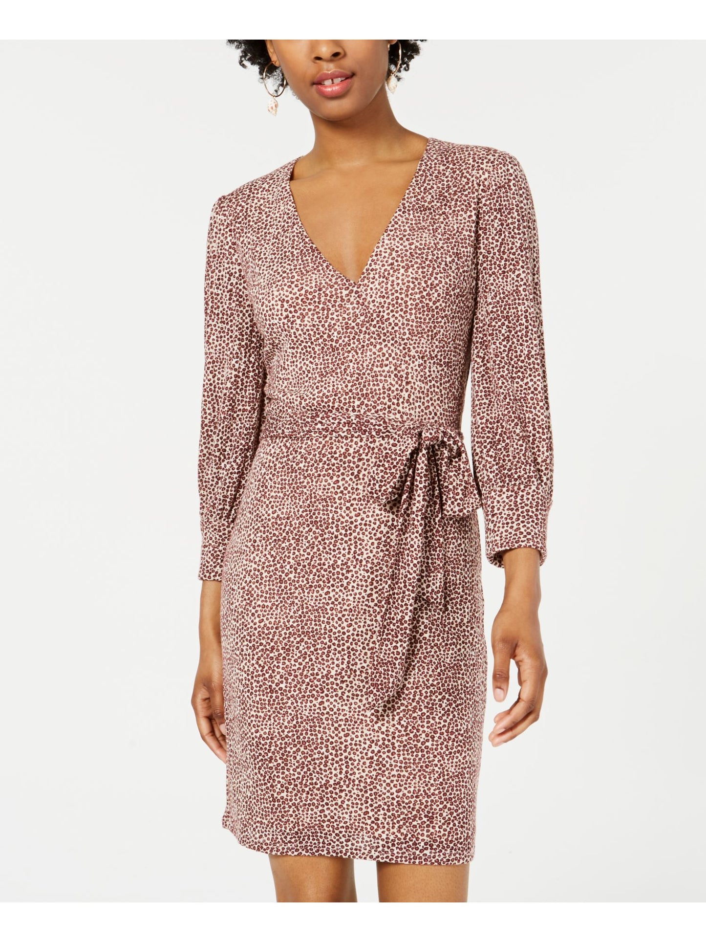 City Studios Women's Belted Animal Print Long Sleeve V Neck Above the Knee Sheath Dress Brown Size X-Small