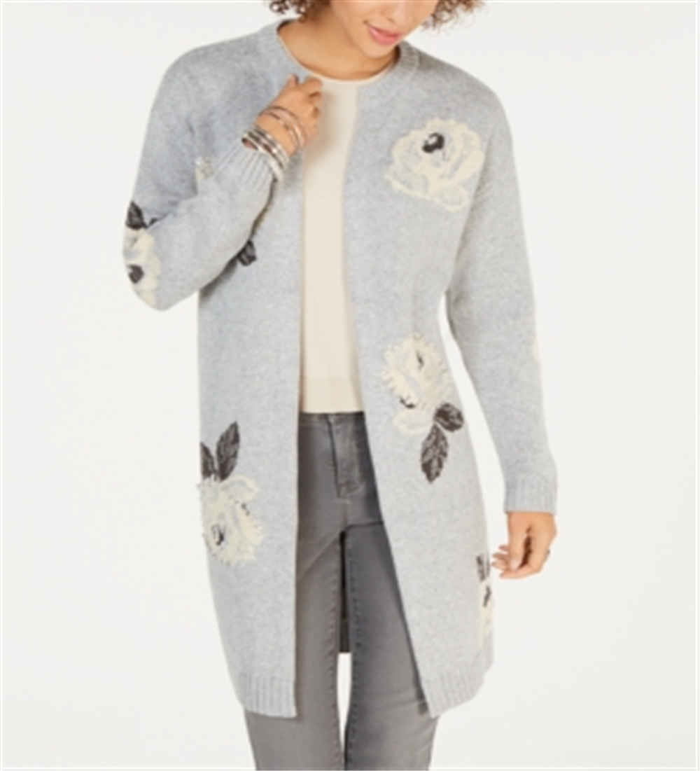 Style & Co Women's Floral Print Open Front Cardigan Gray Size Petite S