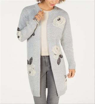 Style & Co Women's Floral Print Open Front Cardigan Gray Size Petite S