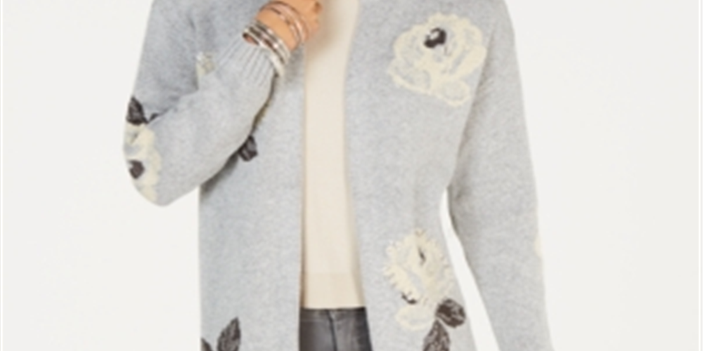 Style & Co Women's Floral Print Open Front Cardigan Gray Size Petite S