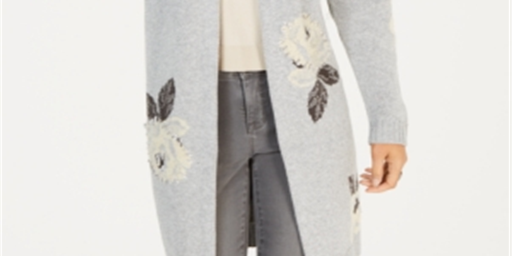 Style & Co Women's Floral Print Open Front Cardigan Gray Size Petite S