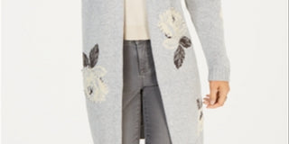 Style & Co Women's Floral Print Open Front Cardigan Gray Size Petite S