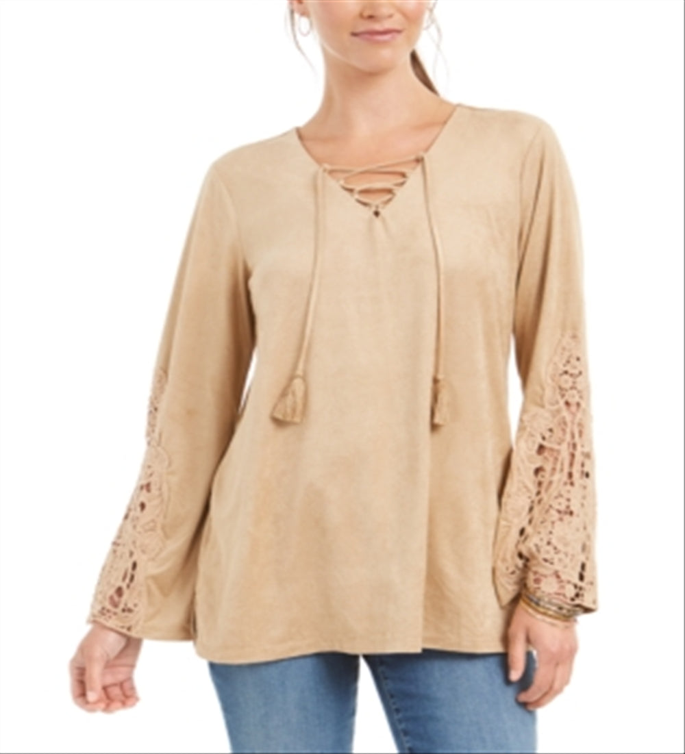 Style & Co Women's Faux Suede Lace up Top Brown Size Large