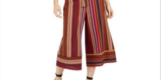 Be Bop Women's Jumpsuit Stripe Belted Wide Leg Crop Red Size Medium