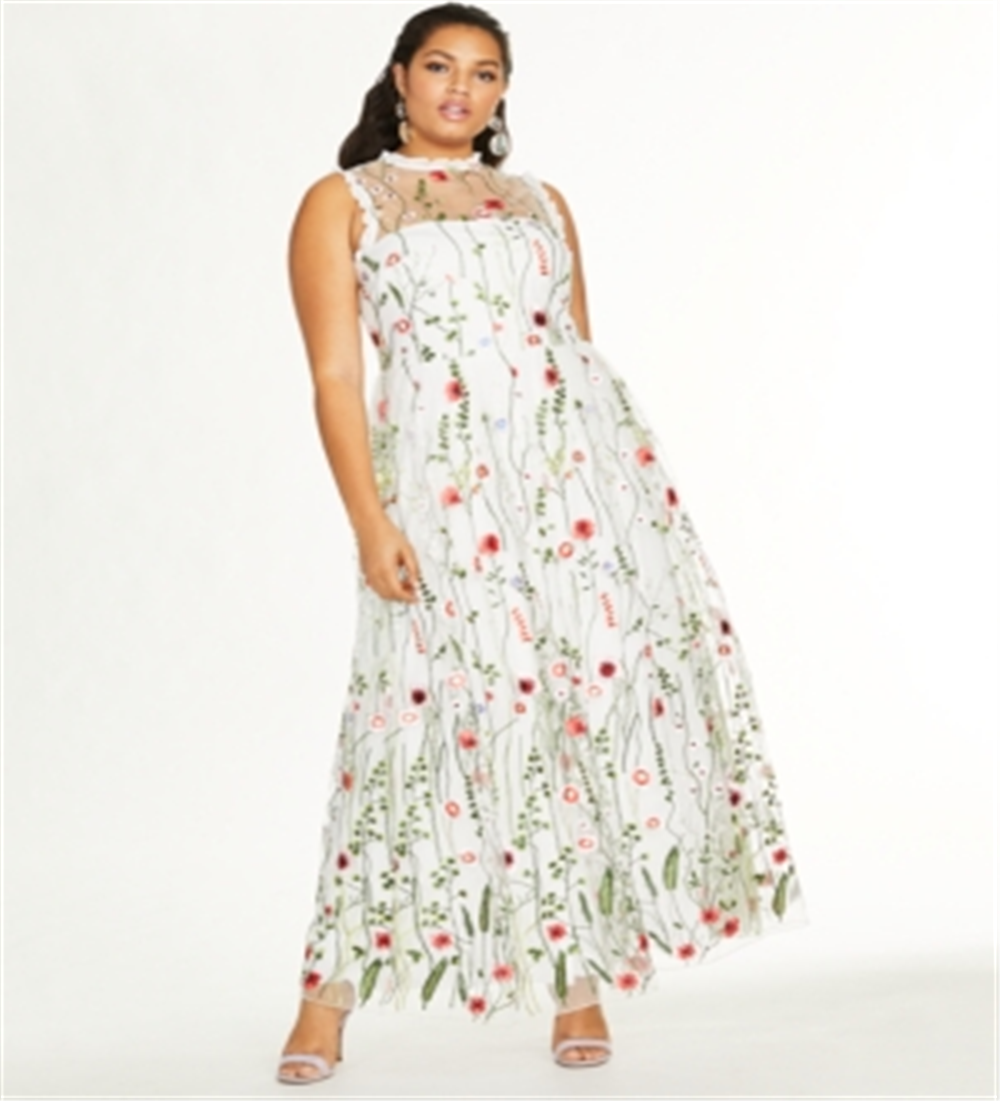 City Studios Women's Trendy Embroidered Floral Gown White Size 14W