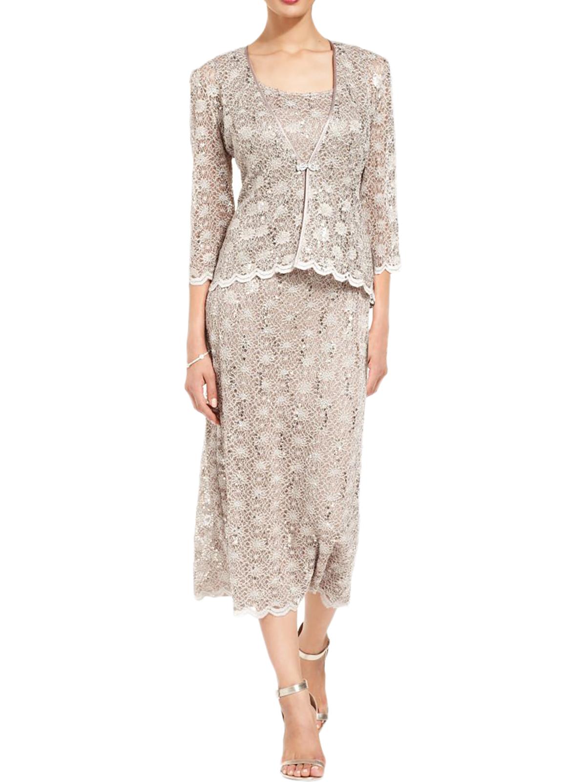 R&M Richards Women's Sequined Sleeveless Scoop Neck Tea Length Shift Dress Brown Size 18