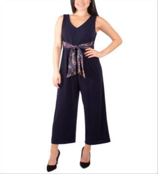 NY Collection Women's Printed Tie Belt Jumpsuit Blue Size Petite X-Large