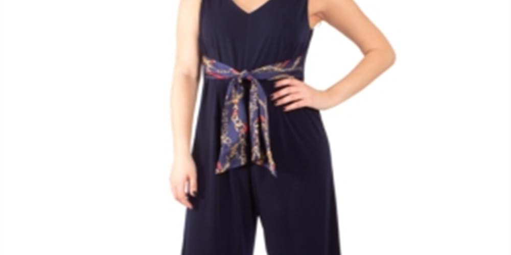 NY Collection Women's Printed Tie Belt Jumpsuit Blue Size Petite X-Large