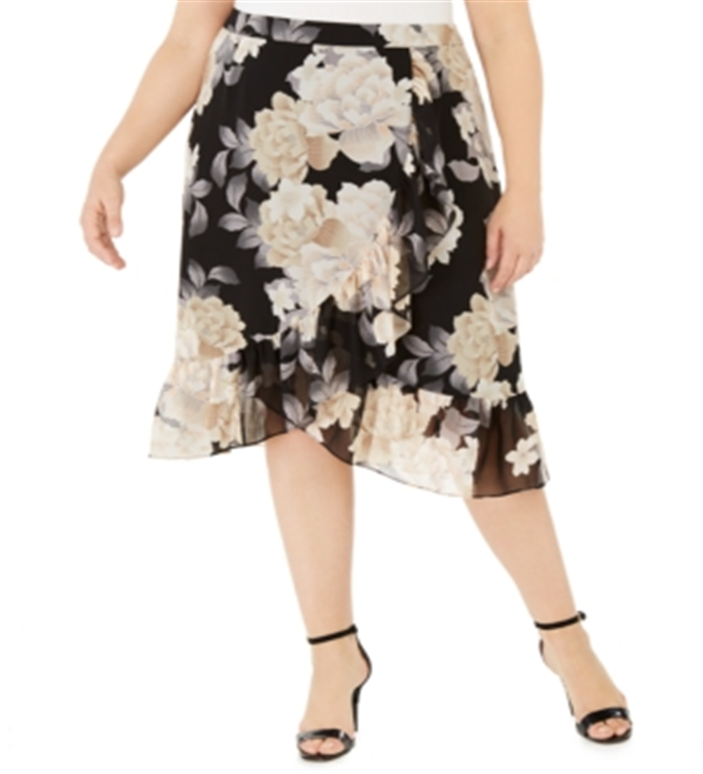 Calvin Klein Women's Plus Ruffled Floral Skirt Latte Black Size 16W