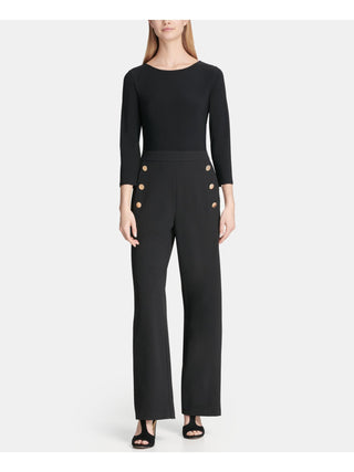 DKNY Women's 3/4 Sleeve Jewel Neck Straight Leg Jumpsuit Black Size 6