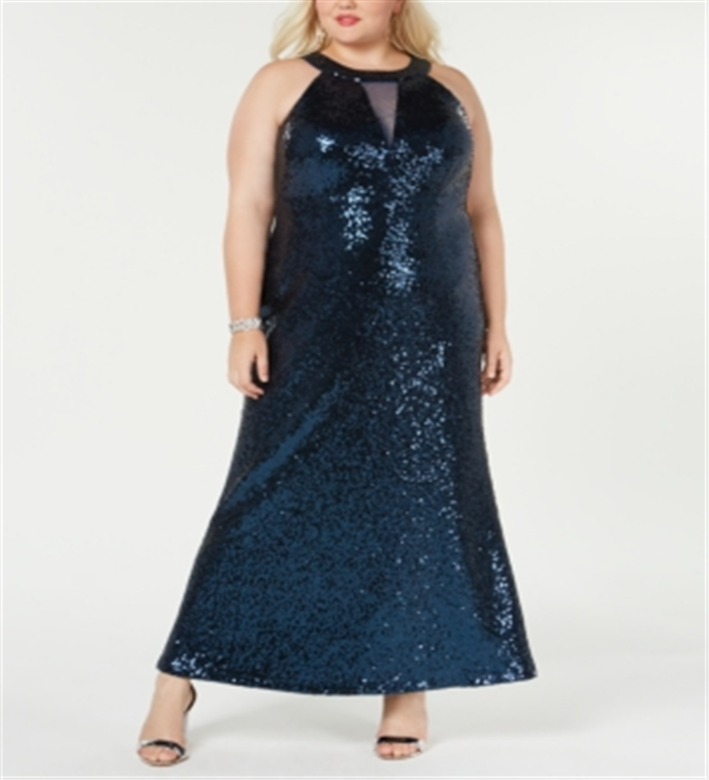 Morgan & Co Women's Trendy Plus Sequined Halter Gown Blue Size 24
