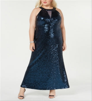 Morgan & Co Women's Trendy Plus Sequined Halter Gown Blue Size 24