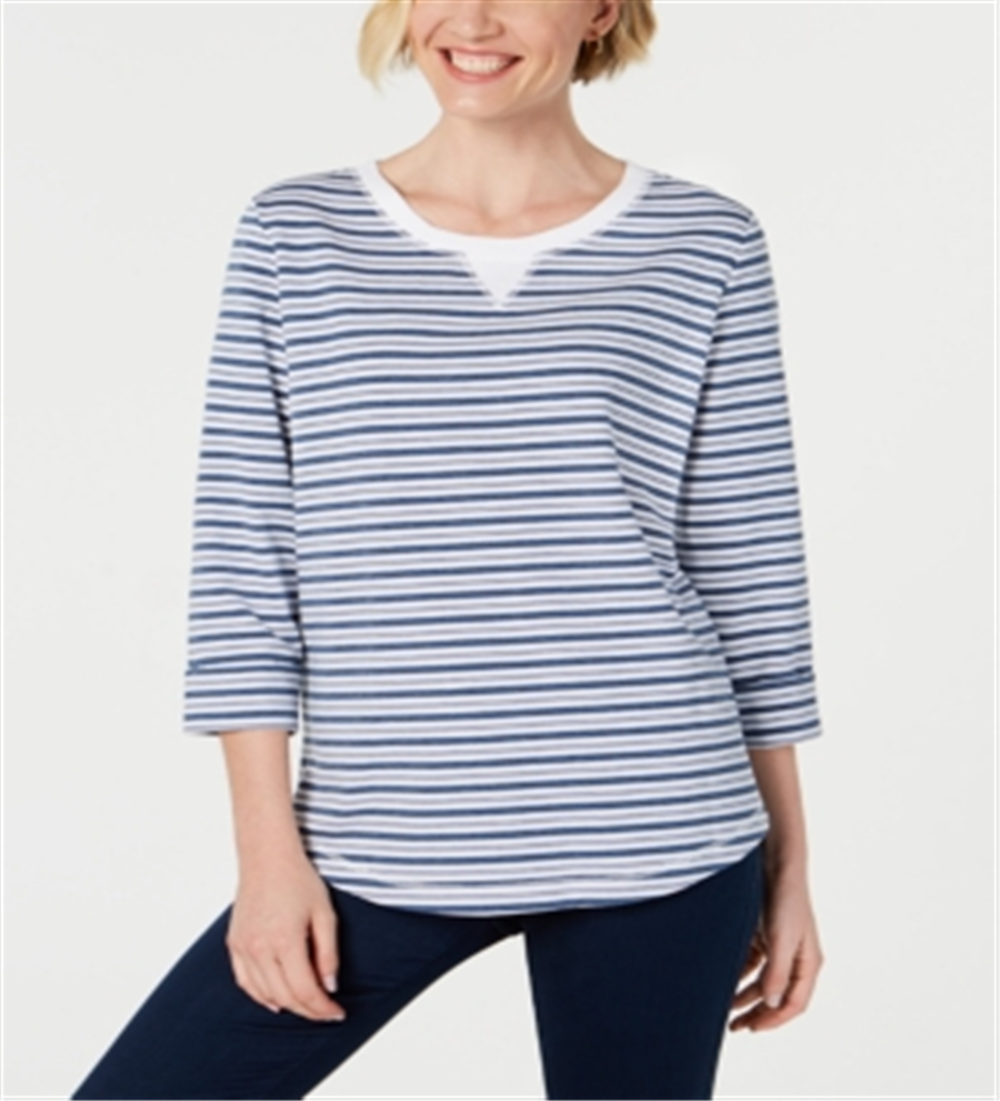 Karen Scott Women's Striped 3/4 Sleeve Sweatshirt Blue - White Size Petite S