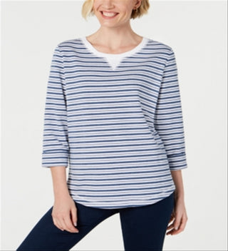 Karen Scott Women's Striped 3/4 Sleeve Sweatshirt Blue - White Size Petite S