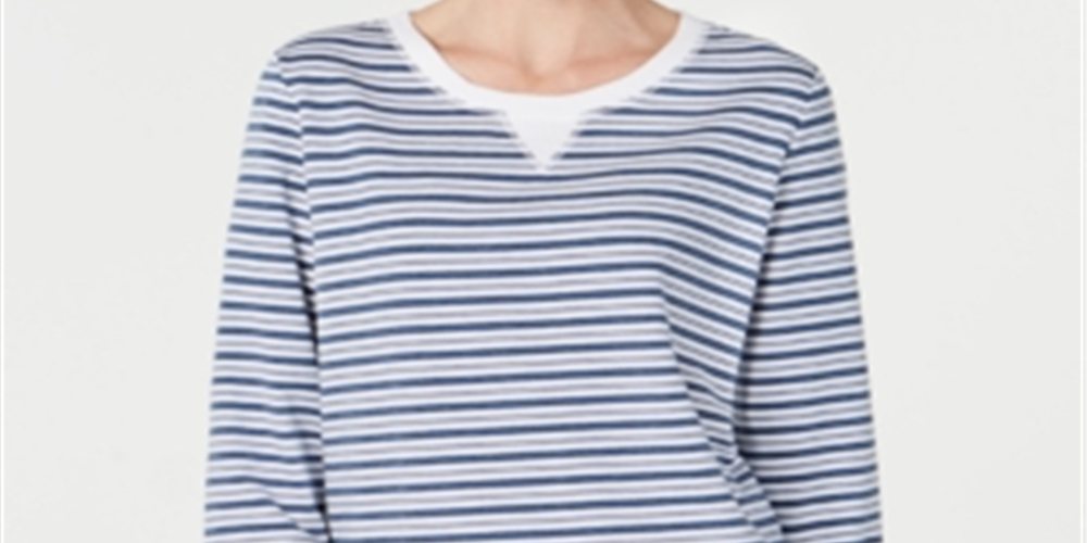 Karen Scott Women's Striped 3/4 Sleeve Sweatshirt Blue - White Size Petite S