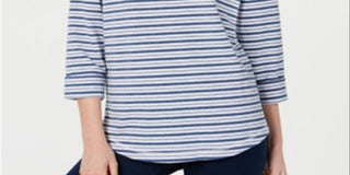 Karen Scott Women's Striped 3/4 Sleeve Sweatshirt Blue - White Size Petite S