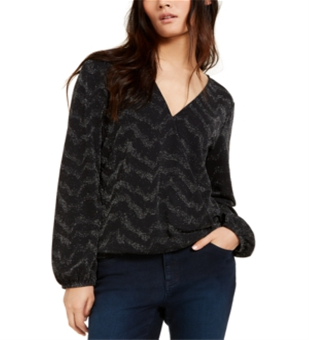 INC International Concepts Women's Metallic Surplice Top Black Size X-Small