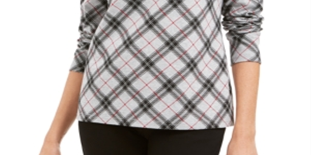 Karen Scott Women's Plaid Mock Neck Top Gray Size Petite SM