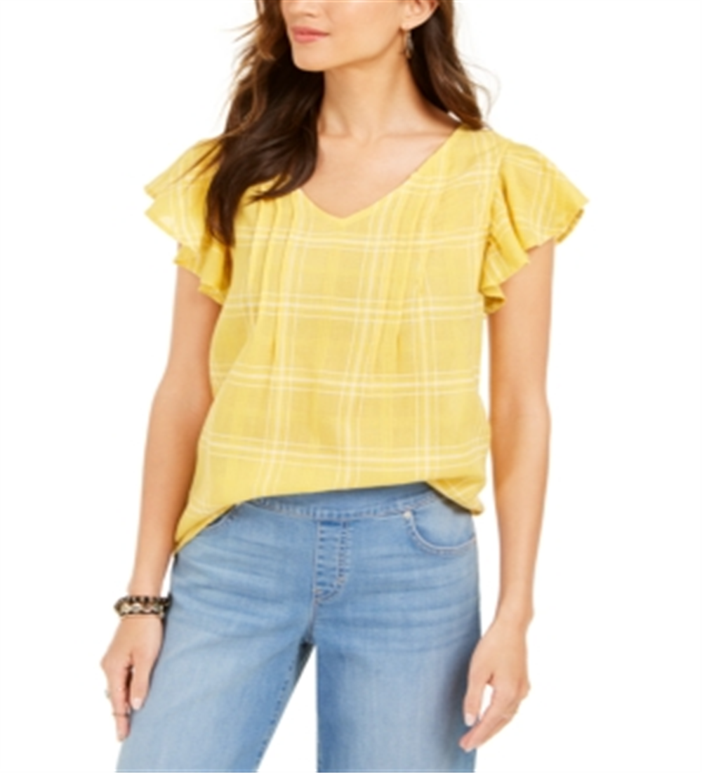 Style & Co Women's Cotton Plaid Flutter Sleeve Top Yellow Size XX-Large