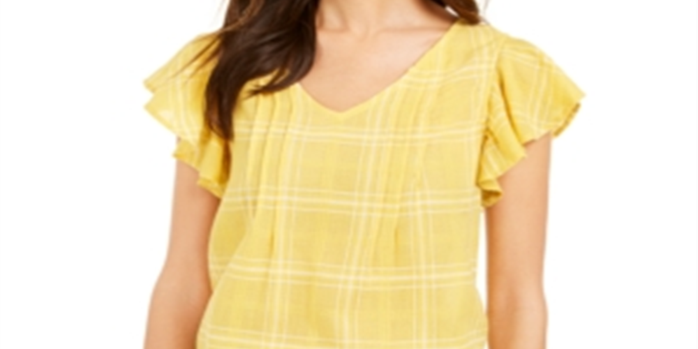 Style & Co Women's Cotton Plaid Flutter Sleeve Top Yellow Size XX-Large