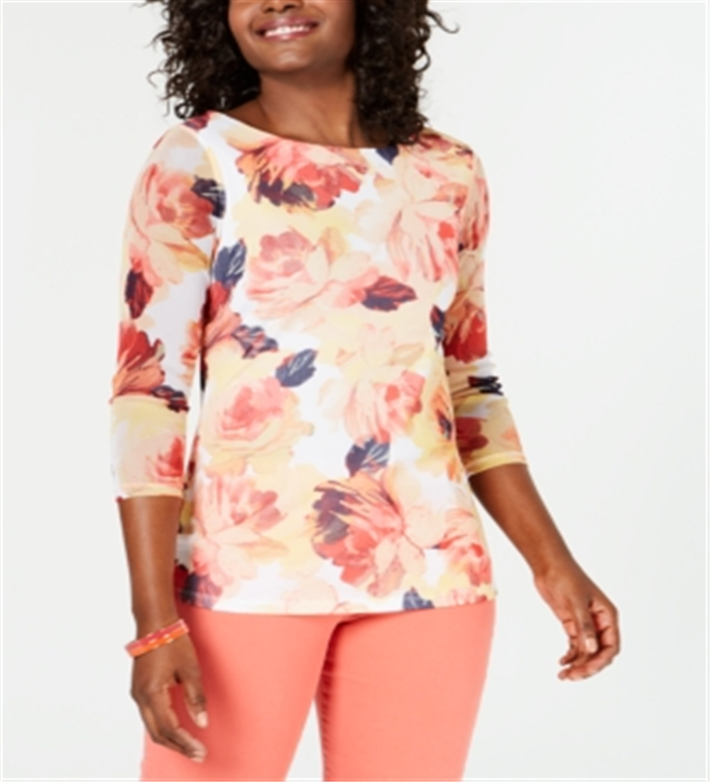 Charter Club Women's Floral Print Boat Neck Top White Size X-Small