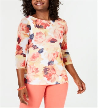 Charter Club Women's Floral Print Boat Neck Top White Size X-Small