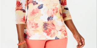 Charter Club Women's Floral Print Boat Neck Top White Size X-Small