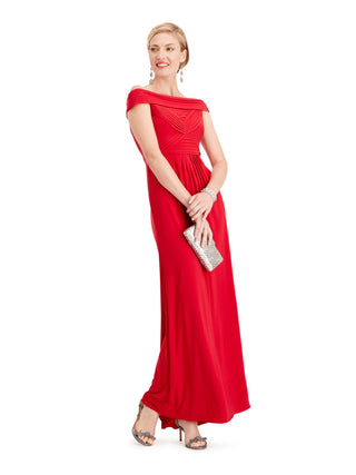 Adrianna Papell Women's Pleated Zippered Short Sleeve Off Shoulder Full Length Sheath Formal Dress Red Size 10