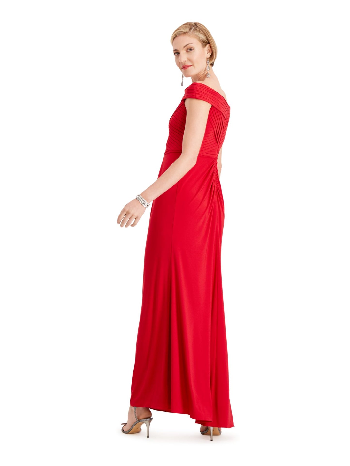 Adrianna Papell Women's Pleated Zippered Short Sleeve Off Shoulder Full Length Sheath Formal Dress Red Size 10