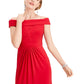 Adrianna Papell Women's Pleated Zippered Short Sleeve Off Shoulder Full Length Sheath Formal Dress Red Size 10