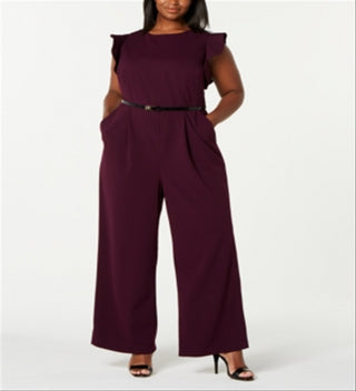 Calvin Klein Women's Flutter Cap Sleeve Belted Jumpsuit Purple Size 22 W