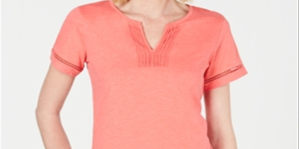 Charter Club Women's Split Neck Cotton Top Pink Size Medium