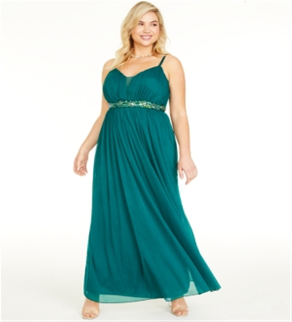 Teeze Me Women's Trendy Plus Rhinestone Trim Gown Green Size 24