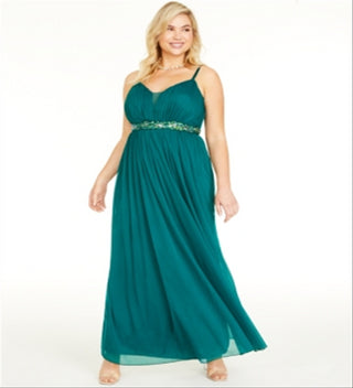 Teeze Me Women's Trendy Plus Rhinestone Trim Gown Green Size 24