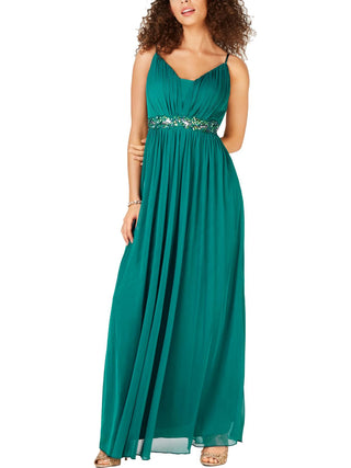 Teeze Me Women's Embellished Spaghetti Strap V Neck Maxi Evening Sheath Dress Green Size 13-14