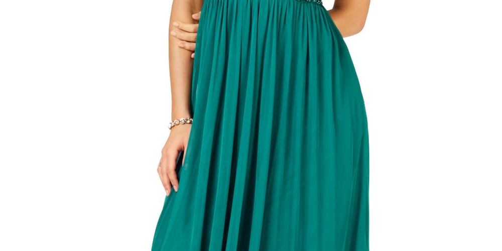 Teeze Me Women's Embellished Spaghetti Strap V Neck Maxi Evening Sheath Dress Green Size 13-14
