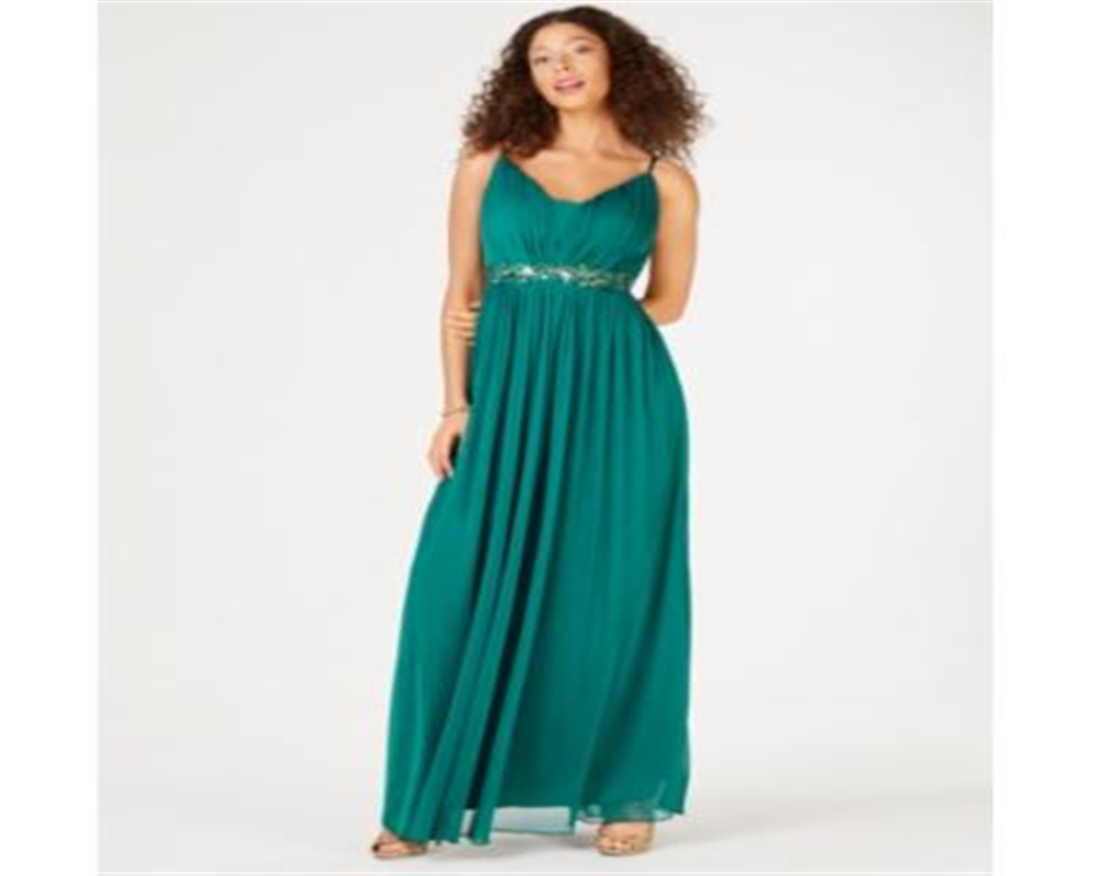 Teeze Me Women's Embellished Spaghetti Strap V Neck Maxi Evening Sheath Dress Green Size 13-14