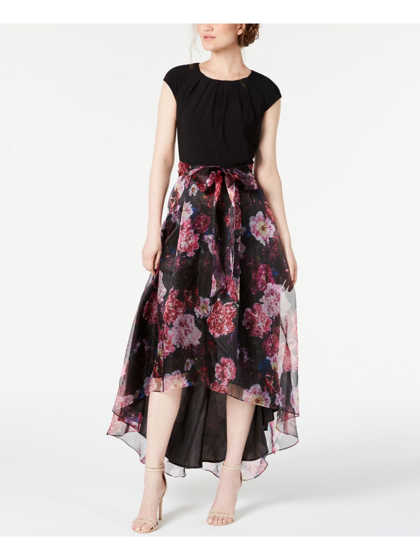 SL Fashions Women's A Line High Low Floral Print Pleat Neck Dress Black Size 8
